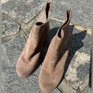 Dolce Vita Taupe Suede Chelsea Boots with Wood Heel.